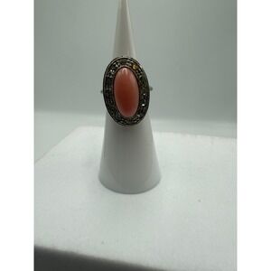 Vintage Avon Faux Coral Rhinestone Oval Cocktail Ring Silver Tone Size 5.5